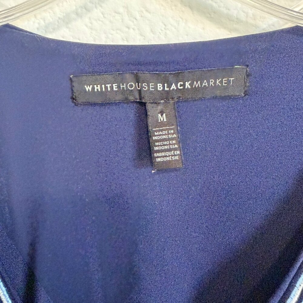 WHBM Long Sleeve Embroidered V-Neck Stretch Blue/White Geo Floral Dress Size M. - Picture 3 of 8